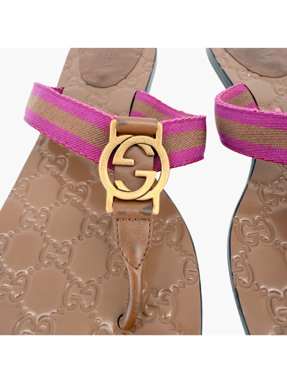 Gucci GG Web Stripe Thong Sandals Flat Brown Purple Size 38.5 US 8.5 Women’s - Picture 4 of 15